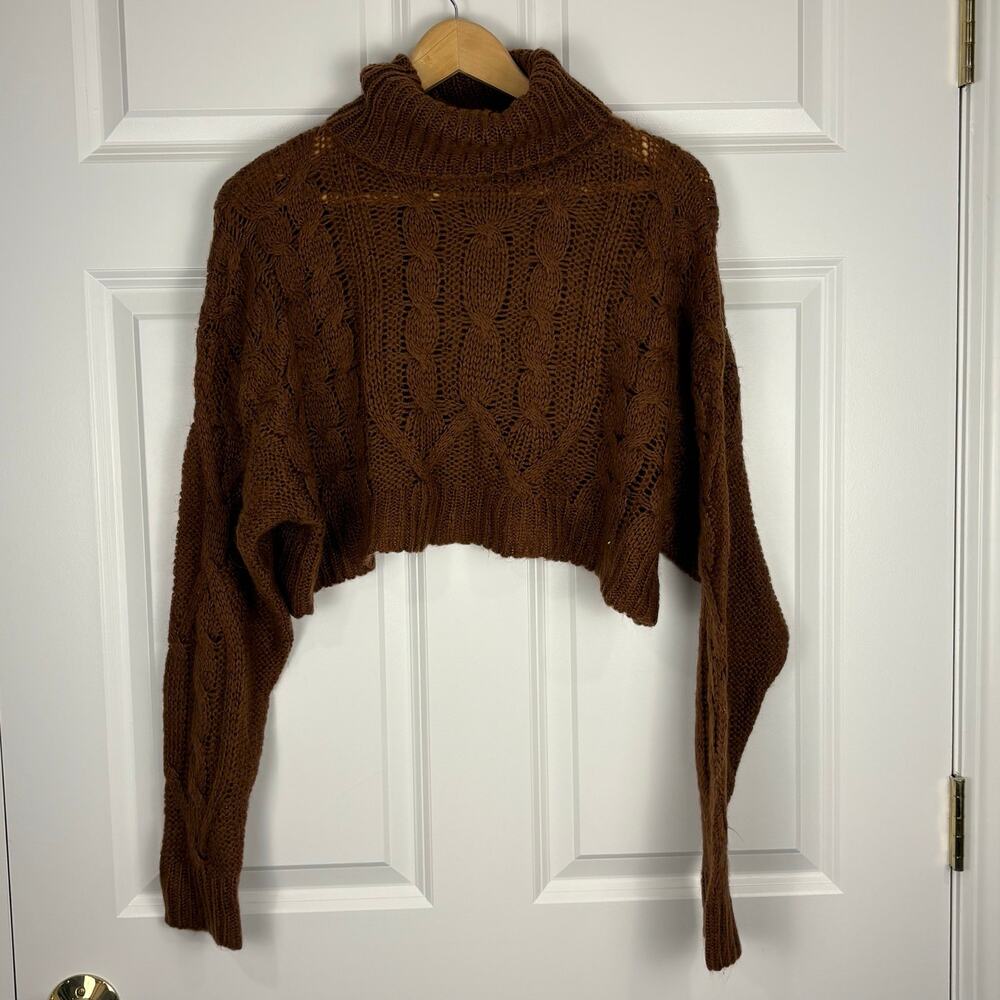 Cropped Turtleneck Cable Knit Sweater Beige Botany Fall Cottagecore Oversized S